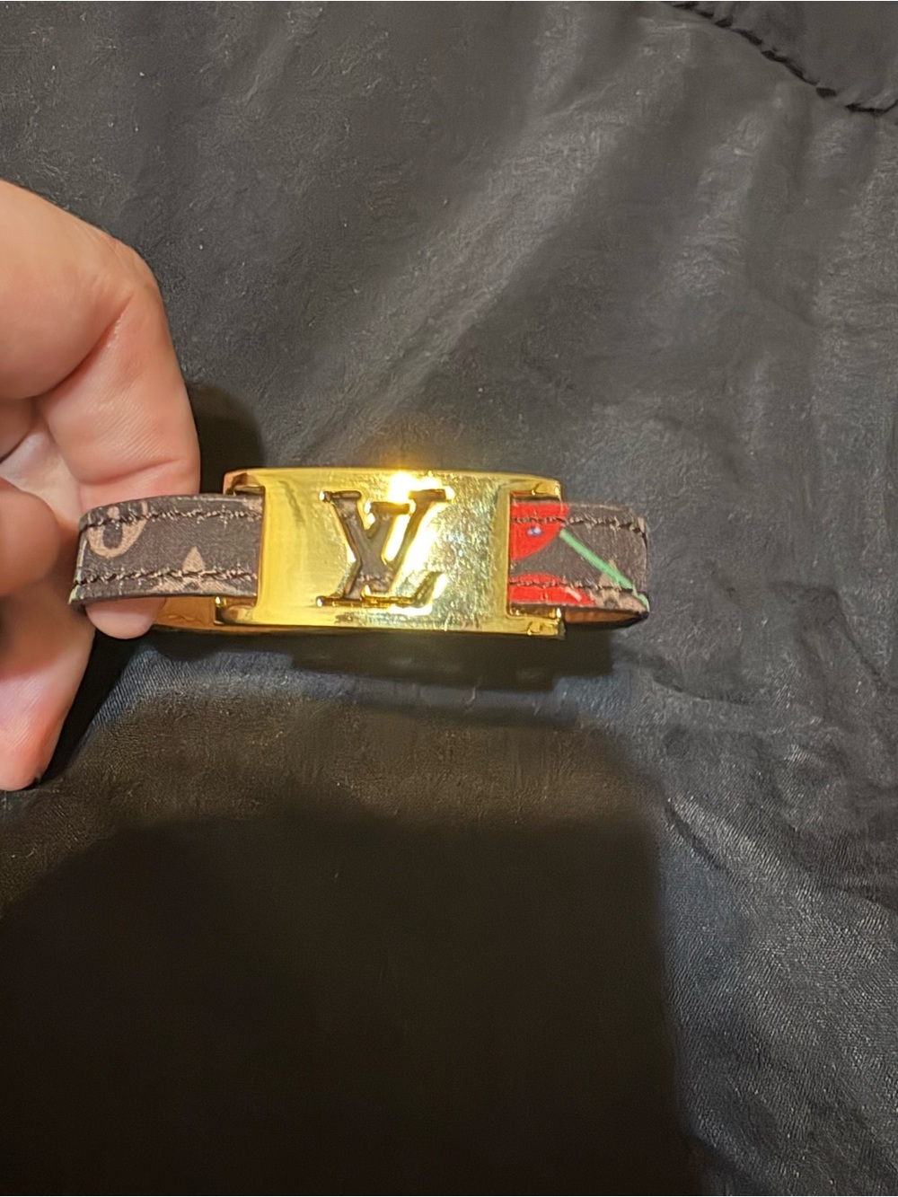 Source Unknown Brown Leather Bracelet with Gold Accent and Red Detail